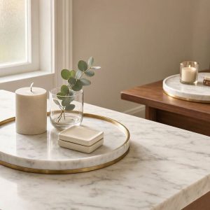 Elegant Round Marble Candle Tray for Luxury Bathroom Vanity Organizer and Sophisticated Living Room Coffee Table Accent