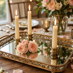 Vintage Mirrored Glass Candle Tray with Ornate Gold Metal Border for Romantic Wedding Table Centerpieces Online