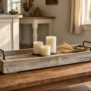 Rustic Distressed Wood Candle Tray with Metal Handles for Cozy Farmhouse Kitchen Counter and Coffee Table Organizer
