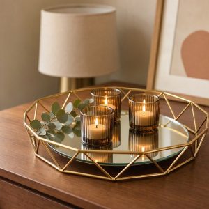Geometric Gold Wire Candle Tray Vanity Mirror Plate for Trendy Bedroom Dresser and Glamorous Party Centerpieces Display
