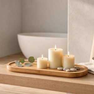 Natural Bamboo Wooden Candle Tray Plate for Zen Meditation Yoga Rooms and Minimalist Bathroom Spa Ambiance Creation