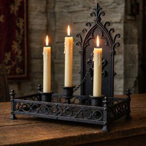 Ornate Gothic Black Candle Tray Sconce for Dramatic Halloween Table Settings and Moody Medieval Home Accents Ideas