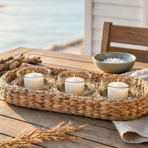 Coastal Woven Seagrass Candle Tray with Removable Glass Inserts for Summer Patio Dining and Beach House Accents