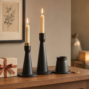 Modern Matte Black Metal Candlestick Holders for Living Room Mantle Decor and a Cozy Housewarming Gift