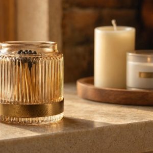 Elegant Ribbed Glass Match Holder Jar with Striker for Cozy Fireplace Mantle Decor and Luxury Candle Pairing
