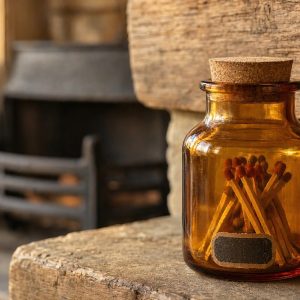 Vintage Amber Glass Match Storage Jar with Cork Lid for Rustic Fireplace Decor and Cozy Housewarming Gifts