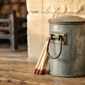 Rustic Farmhouse Zinc Metal Match Holder Canister with Handle for Large Fireplace Safety Matches and Hearth Display