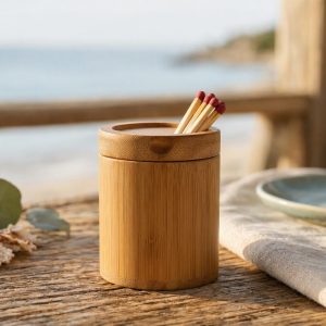Coastal Natural Bamboo Match Holder Cylinder for Summer Patio Dining and Bohemian Beach House Decor Accents