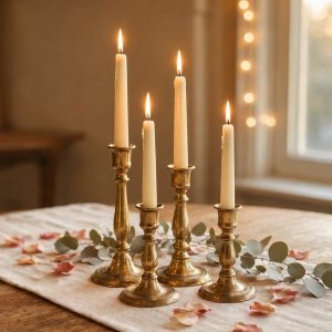 Vintage Gold Brass Taper Candle Holders Set of Three for Romantic Wedding Centerpiece Special Table Arrangements