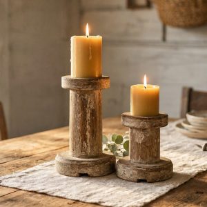 Rustic Distressed Wood Pillar Candlestick Stands for Farmhouse Dining Table Decoration and Warm Living Spaces Always