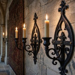 Ornate Gothic Black Wall Sconce Candle Holders Set for Dramatic Hallway Lighting and Medieval Home Accents