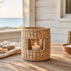 Coastal Natural Seagrass Woven Votive Candle Lantern for Summer Patio Dining and Bohemian Beach House Decor